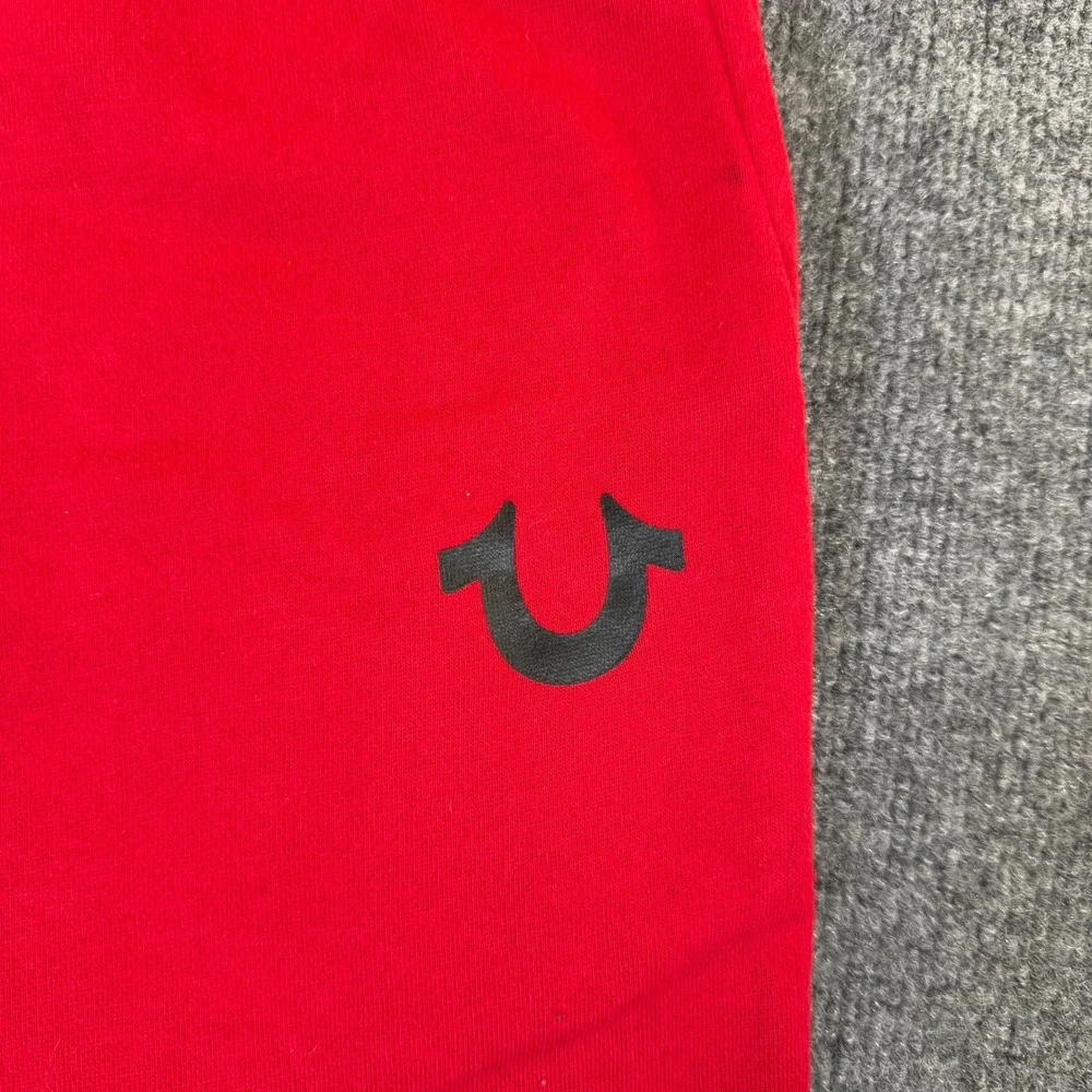 True Religion Mens Red Fleece Sweat Shorts Horseshoe Logo Drawstring #3238